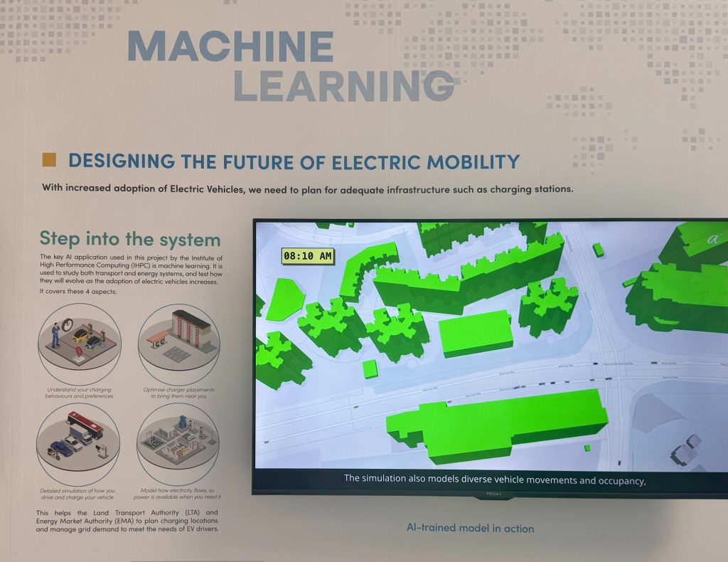 Machine Learning exhibit at URA AI for Cities demonstrating AI simulations for planning electric vehicle charging infrastructure and energy systems.
